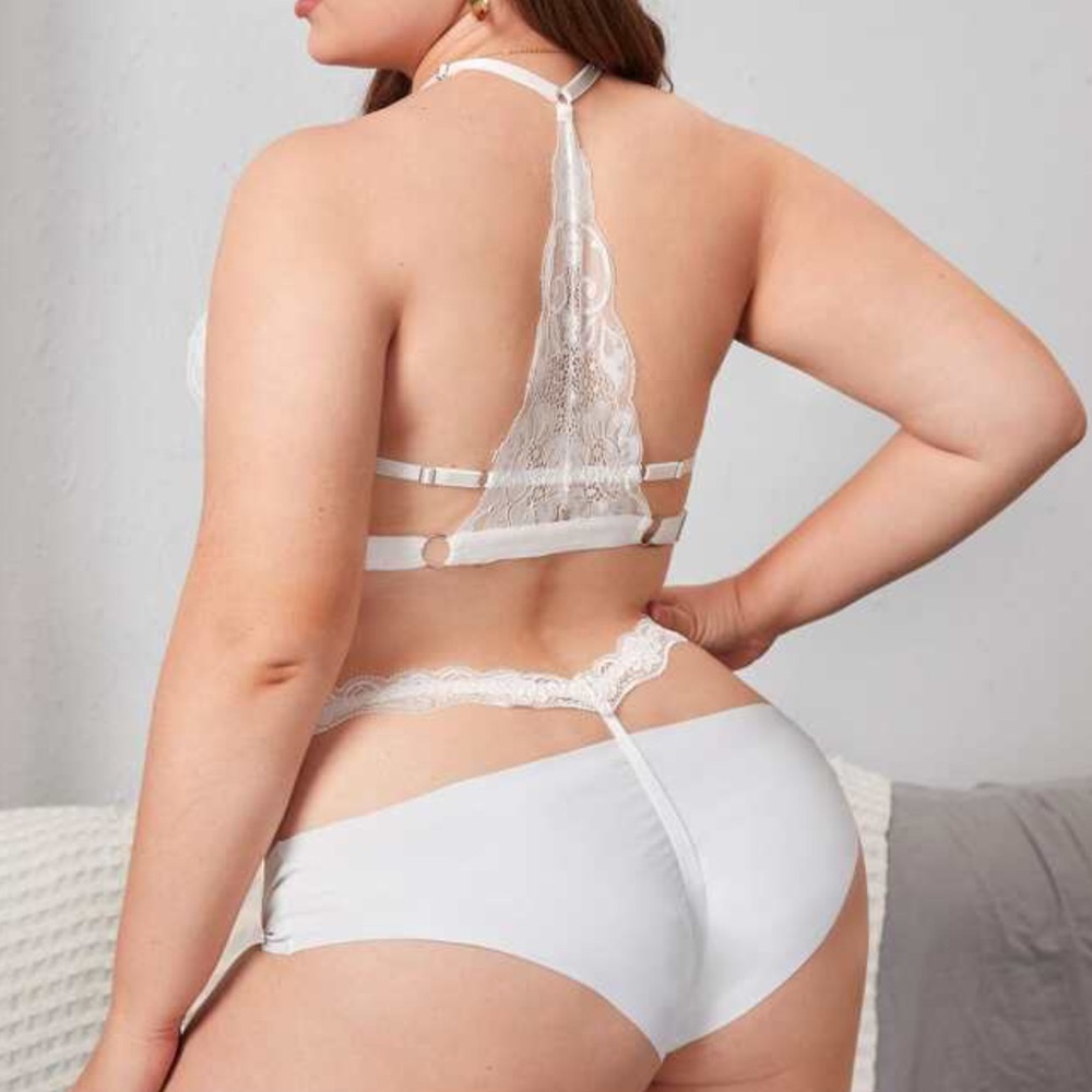 Sexy Plus Size White Lace Lingerie Two Piece Set Thong Bra Stretch Stripper Cute - Picture 2 of 4